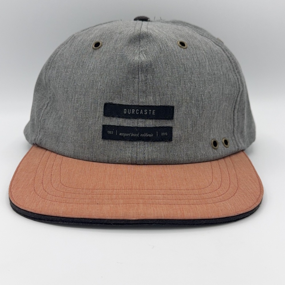 Ourcaste Decker Mens Hat OSFM Grey Salmon Flat Brim Leather Strapback Cap A1002